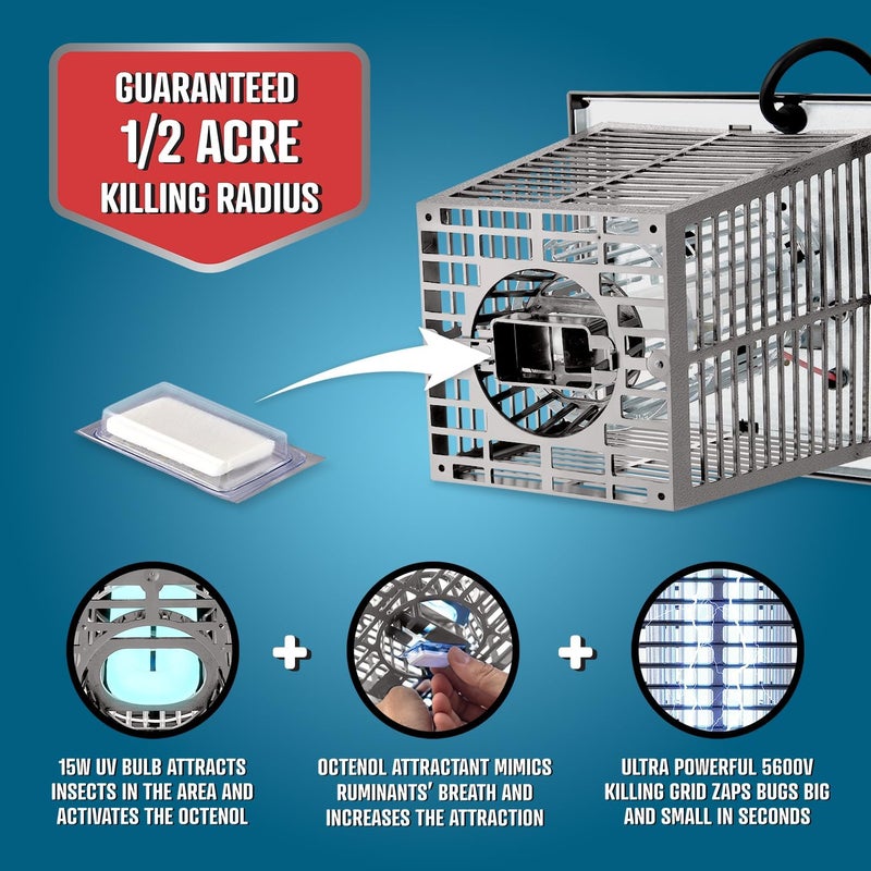 Flowtron Electric Bug Zapper 1/2 Acre Outdoor Insect Control with Dual Lure Method, 15W UV Light & Octenol Attractant for Fly & Mosquito, 5600V Kill Grid, Made in USA, UL Certified - Grey Color - Image 3