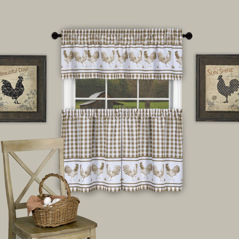 Light Filtering Printed Tier Valance Window Curtain Set 58 Inch Length 24 Inch Width Barnyard Taupe Machine Washable Drape for Kitchen Bedroom Living Dining Room by Achim Home Decor