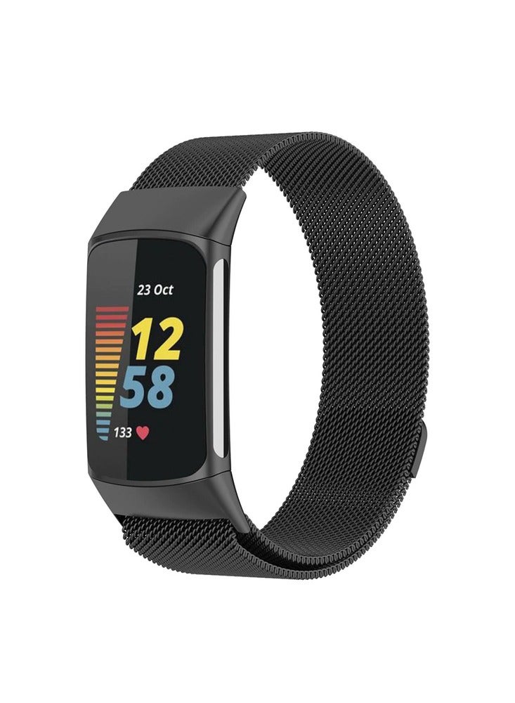 O Ozone أحزمة معدنية متوافقة مع ساعة Fitbit Charge 5 الذكية بحلقة ميلانو من الفولاذ المقاوم للصدأ وشبكة معدنية قابلة للتعديل وحزام بديل مغناطيسي واحد للرجال والنساء (أسود) - Image 1
