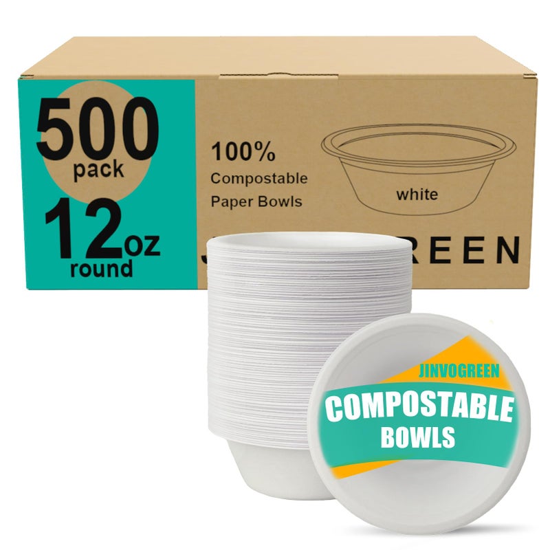 JINVOGREEN 500 Count 12 oz Paper Bowls Disposable Compostable Bowls Bulk Heavy Duty Biodegradable Bagasse Bowl for Snacks Soup and Salads White - Image 3