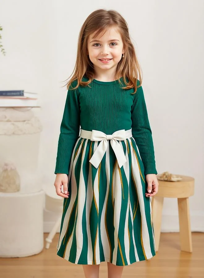 Take Two Textured Knit Bow Detail Striped Dress