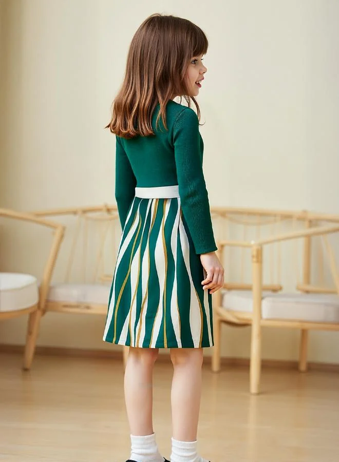 Take Two Textured Knit Bow Detail Striped Dress