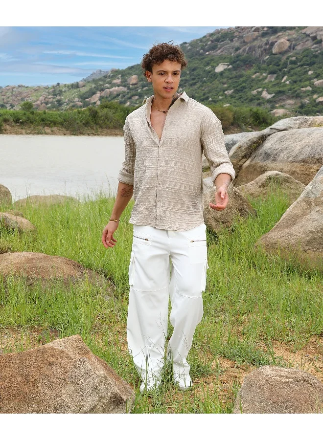 Campus Sutra Men's Saltbox Beige Dimentional-Textured Shirt For Casual Wear | Spread Collar | Long Sleeve | Button Closure | Shirt Crafted With Comfort Fit For Everyday Wear