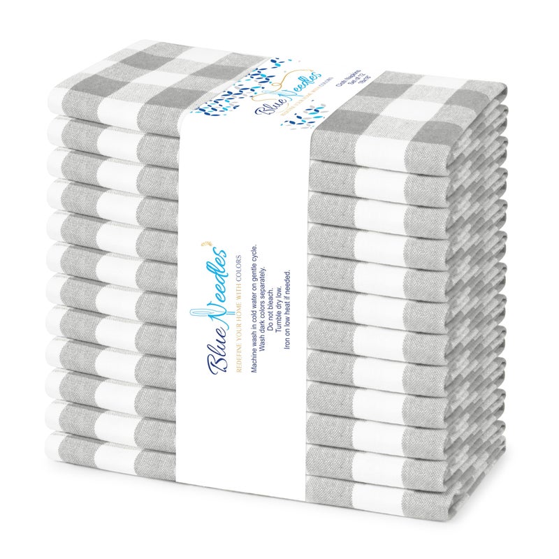 Blue Needles Gingham Buffalo Plaid Cloth Napkins 100 Cotton Set of 12 Dinner Table Napkins 18x18 inch Soft Reusable Washable Perfect for Christmas Parties Everyday Use Ash Grey White - Image 1