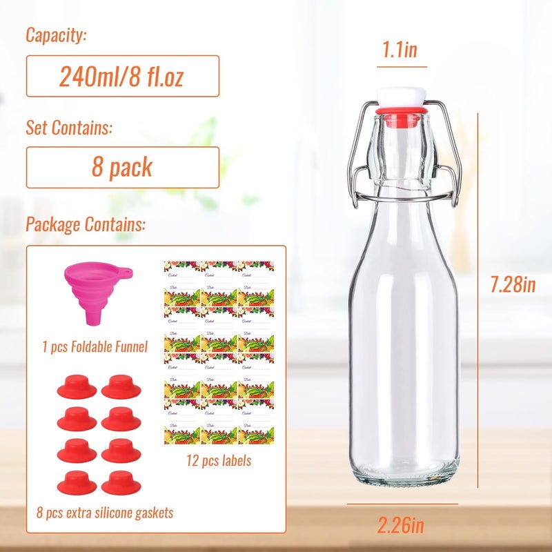 SZUAH Swing Top Glass Bottles 8 oz 8Pack, Reusable Glass Bottles with Airtight Lid, Flip Top Bottles for Home Brewing, Kombucha & Beverage Storage(240ml, Set of 8) - Image 2