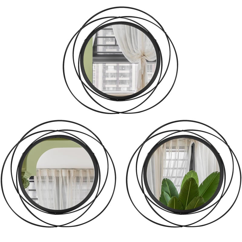 3 Set 13 inch Black Circle Mirrors Wall Decor Iron Frame Wire Mirror Metal Circular Mirror Home Decor Hanging Mirrors for RoomBedroomBathroomEntryway