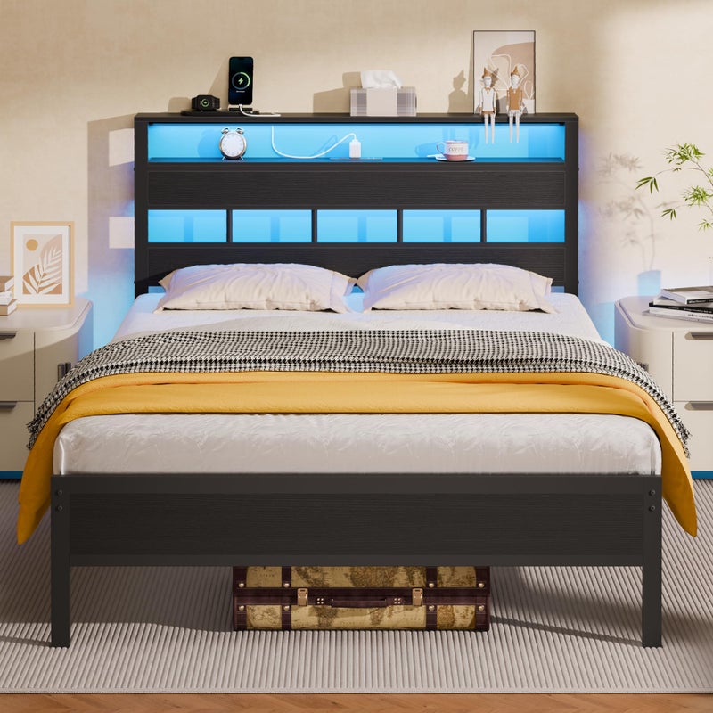 Furnulem Full Size Bed Frame with LED Light and Charging Station Wood Storage Headboard with 2Tier Shelves Metal Platform Bed with Heavy Duty Slats Support No Box Spring Needed Black Oak