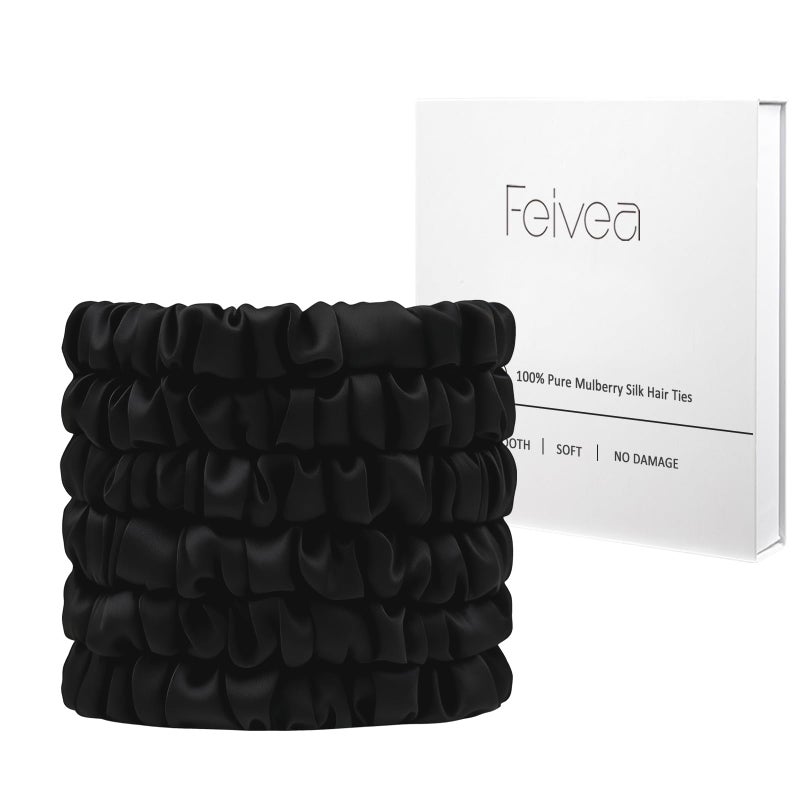 Feivea Silk Hair Ties 6Pcs, 22 Momme Pure 100% Mulberry Silk Scrunchies for Women, No Damage Silk Scrunchies for Hair, Black - Image 1