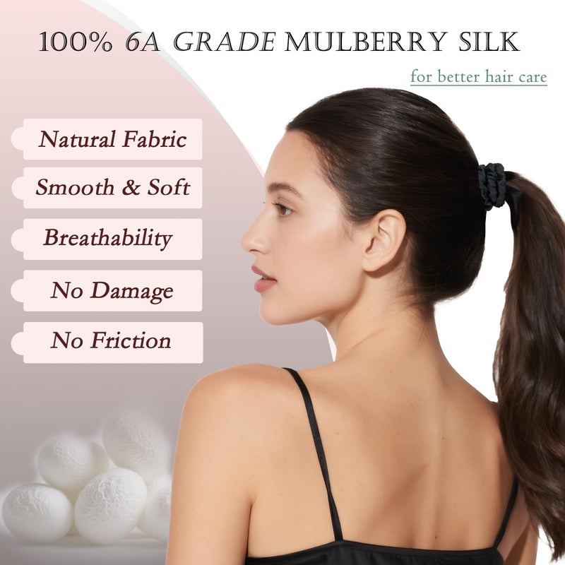 Feivea Silk Hair Ties 6Pcs, 22 Momme Pure 100% Mulberry Silk Scrunchies for Women, No Damage Silk Scrunchies for Hair, Black - Image 2
