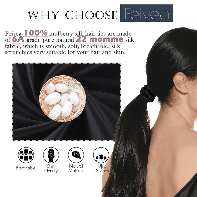 Feivea Silk Hair Ties 6Pcs, 22 Momme Pure 100% Mulberry Silk Scrunchies for Women, No Damage Silk Scrunchies for Hair, Black - Image 3