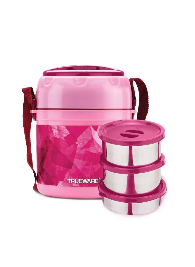 Trueware علبة غداء TRUEWARE Office Plus 2 مع 3 حاويات من الفولاذ المقاوم للصدأ، سعة 300 مل × 2، و200 مل × 1، لون وردي | معزولة بمادة البولي يوريثان | علبة غداء | حافظة طعام | علبة غداء ساخنة | مانعة للتسرب | سهلة الحمل | آمنة للاستخدام مع الطعام الساخن والبارد | خالية من مادة BPA | وعاء من الفولاذ المقاوم للصدأ | مناسبة للمكتب | للاستخدام الخارجي | للرجال والنساء والأطفال - Image 1