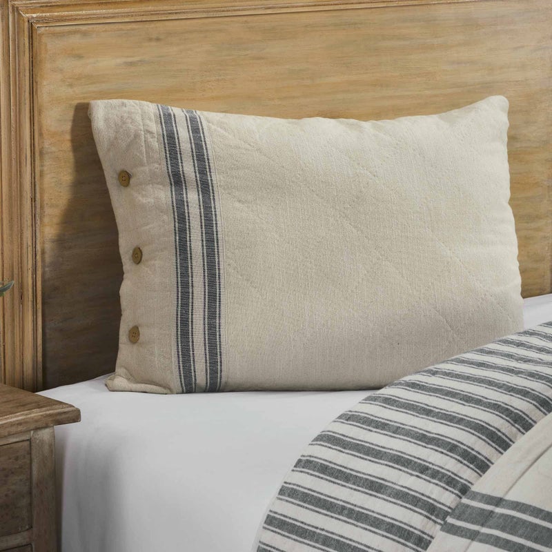 Piper Classics Market Place Gray Quilted King Pillow Sham 21 L x 37 W Cream wGrain Sack Stripe  Button Details