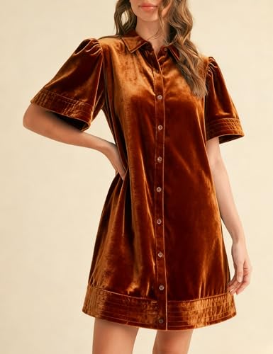 Meyhad Women's Velvet Shirt Dress Lapel Button Down Short Puff Sleeve Mini Dresses Fall Winter Dress with Pockets (1026-BurntOrange-S) - Image 2