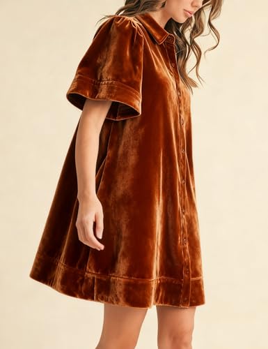 Meyhad Women's Velvet Shirt Dress Lapel Button Down Short Puff Sleeve Mini Dresses Fall Winter Dress with Pockets (1026-BurntOrange-S) - Image 4