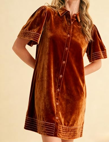 Meyhad Women's Velvet Shirt Dress Lapel Button Down Short Puff Sleeve Mini Dresses Fall Winter Dress with Pockets (1026-BurntOrange-S) - Image 5