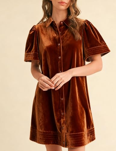 Meyhad Women's Velvet Shirt Dress Lapel Button Down Short Puff Sleeve Mini Dresses Fall Winter Dress with Pockets (1026-BurntOrange-S) - Image 3