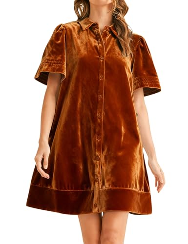Meyhad Women's Velvet Shirt Dress Lapel Button Down Short Puff Sleeve Mini Dresses Fall Winter Dress with Pockets (1026-BurntOrange-S) - Image 1