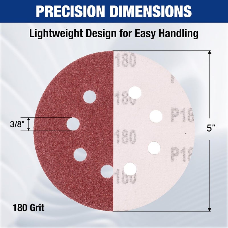 WORKPRO 100-Piece 180 Grit Sanding Discs - 5-Inch 8-Hole Hook and Loop Sandpaper for Random Orbital Sander (Not for Oscillating Tools or Mouse Sander) - Image 3