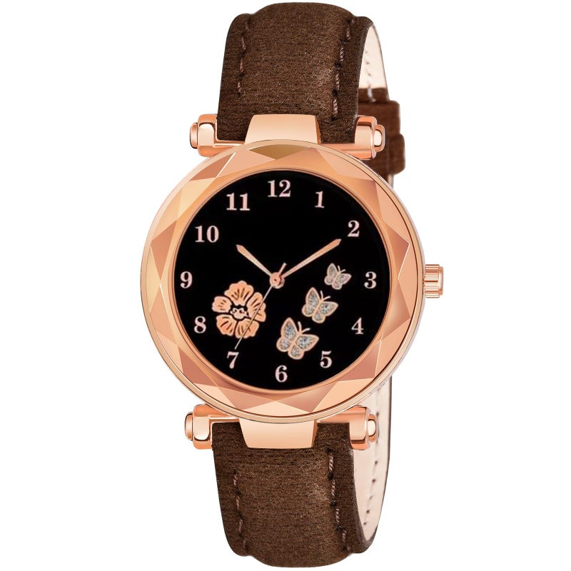 CERO Analogue New Flower Butterfly Print Dial Lathers Strap Girls and Womans Watches (Brown) - Image 5