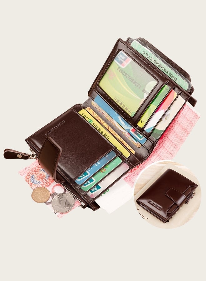 banyanu Retro Men's Wallet Anti-Theft Brush Short Genuine Leather Men's Wallet Coffee Color - Image 1
