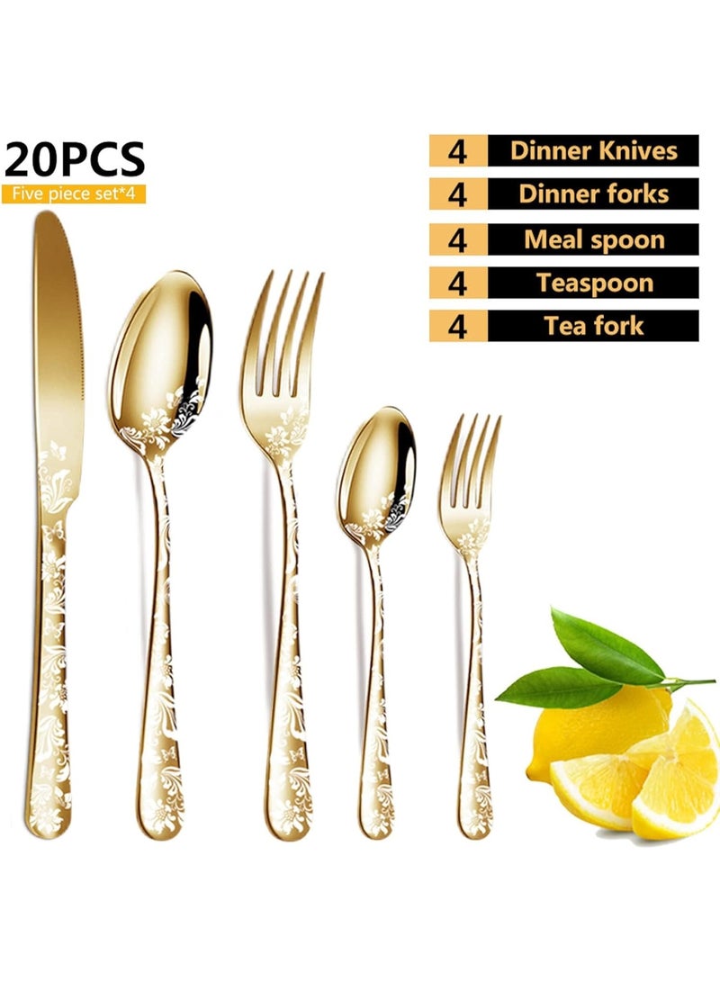 Relex 20PCS Unique Pattern Silverware, Set of 4 Stainless Steel Flatware Gold Cutlery Set Mirror Polished Utensils Pattern Design Flatware Mirror Polished Cutlery for Kitchen, Dishwasher Safe - Image 4