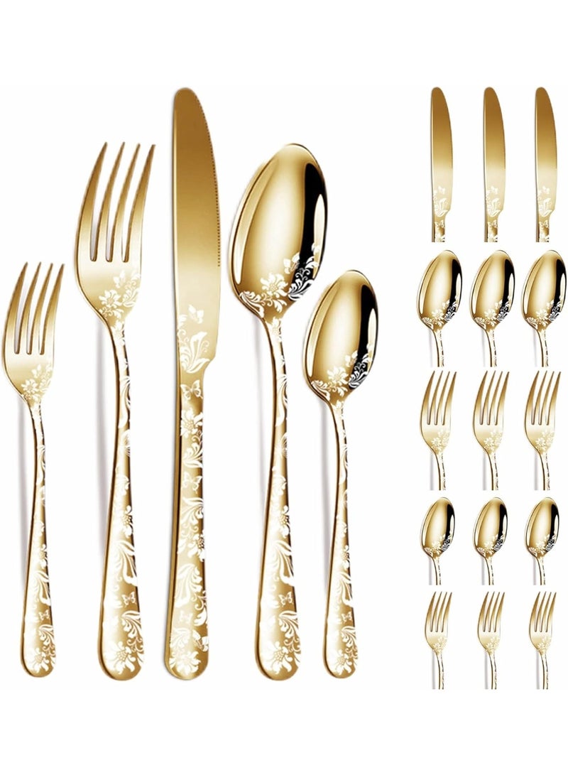 Relex 20PCS Unique Pattern Silverware, Set of 4 Stainless Steel Flatware Gold Cutlery Set Mirror Polished Utensils Pattern Design Flatware Mirror Polished Cutlery for Kitchen, Dishwasher Safe - Image 1