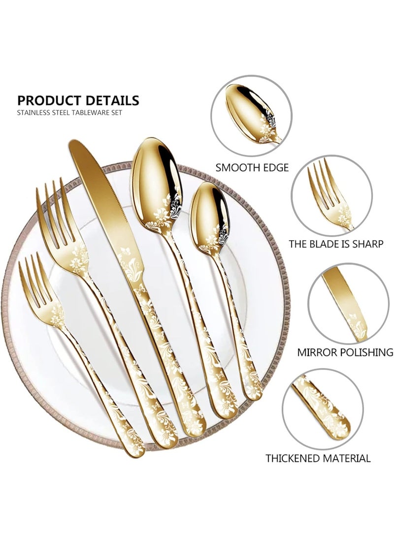Relex 20PCS Unique Pattern Silverware, Set of 4 Stainless Steel Flatware Gold Cutlery Set Mirror Polished Utensils Pattern Design Flatware Mirror Polished Cutlery for Kitchen, Dishwasher Safe - Image 2