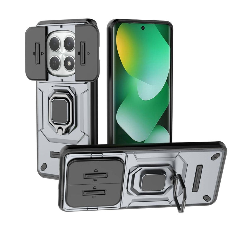 غطاء واقي بTPU + PC باللون رمادي من مادة TPU لـ redminote13pro/pocox6 مع حامل حلقة دب القتال وتصميم نافذة منزلقة مع مقاوم للصدمات مع حماية من السقوط للاستخدام اليومي للمكتب المنزلي - Image 1