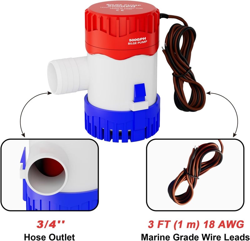 Sanuke 500gph Bilge Pump, 3/4" Outlet, Electric 12V for Boat Submersible Marine Water Pump Accessories Marin Boat, Water Pump Low Noise - Image 2