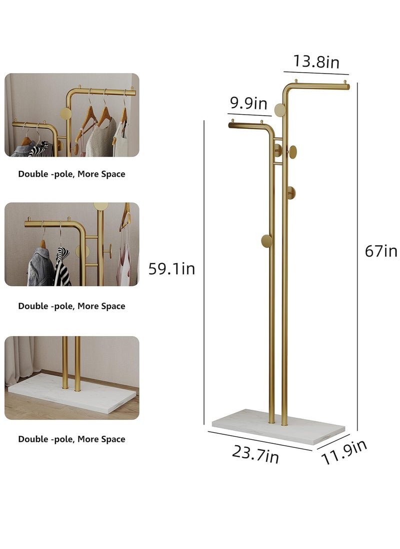 DMG TECH Double-pole Metal Coat Rack Gold Coat Rack Freestanding with 5 Hooks and Marble Base Floor-standing Coat Stand  - Image 3