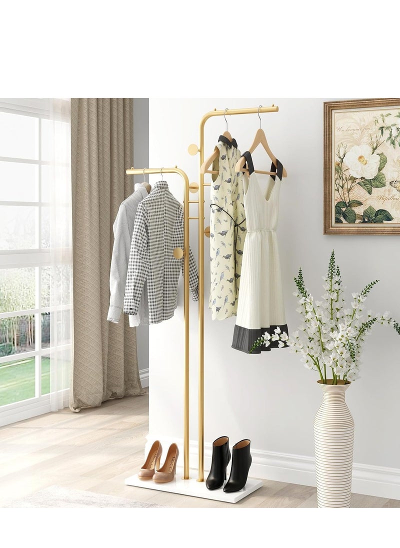 DMG TECH Double-pole Metal Coat Rack Gold Coat Rack Freestanding with 5 Hooks and Marble Base Floor-standing Coat Stand  - Image 4