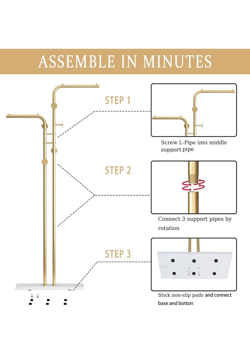 DMG TECH Double-pole Metal Coat Rack Gold Coat Rack Freestanding with 5 Hooks and Marble Base Floor-standing Coat Stand  - Image 5