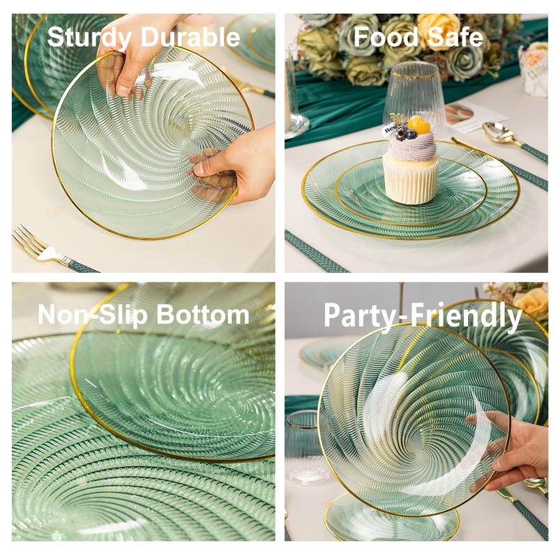 N9R 60PCS Green Plastic Plates for Party, Heavy Duty Disposable Plate with Gold Rim, Elegant Spiral Design 30 Dinner & 30 Dessert Plates for Wedding, Birthday(Translucent Green) - Image 4