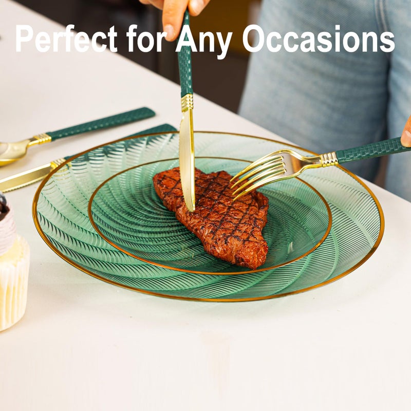 N9R 60PCS Green Plastic Plates for Party, Heavy Duty Disposable Plate with Gold Rim, Elegant Spiral Design 30 Dinner & 30 Dessert Plates for Wedding, Birthday(Translucent Green) - Image 3