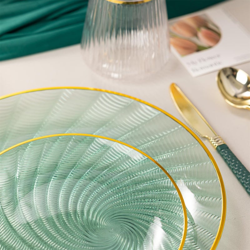 N9R 60PCS Green Plastic Plates for Party, Heavy Duty Disposable Plate with Gold Rim, Elegant Spiral Design 30 Dinner & 30 Dessert Plates for Wedding, Birthday(Translucent Green) - Image 5