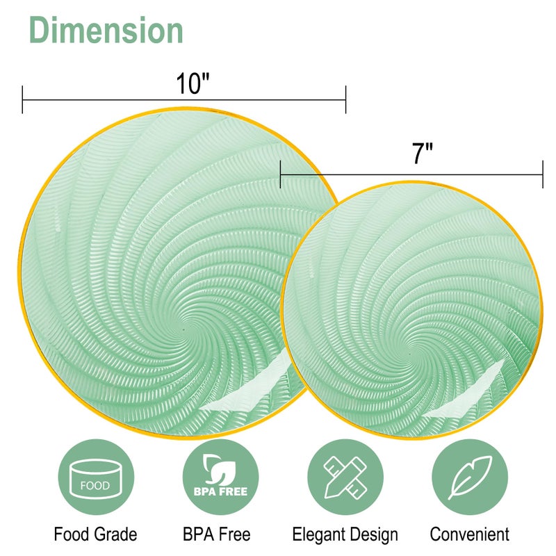 N9R 60PCS Green Plastic Plates for Party, Heavy Duty Disposable Plate with Gold Rim, Elegant Spiral Design 30 Dinner & 30 Dessert Plates for Wedding, Birthday(Translucent Green) - Image 2