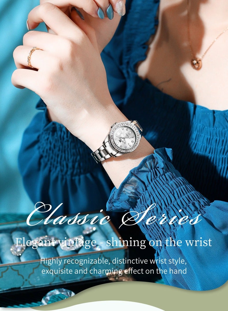 OLEVS Watches for Women Stainless Steel Quartz Water Resistant Analog Watch 34mm Silver 9945 - Image 3