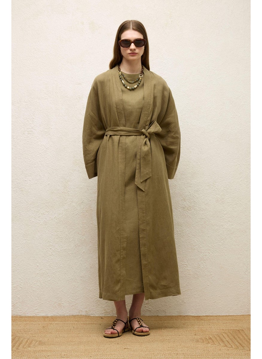 Manuka - Linen Long Kimono Jacket Khaki - Image 1