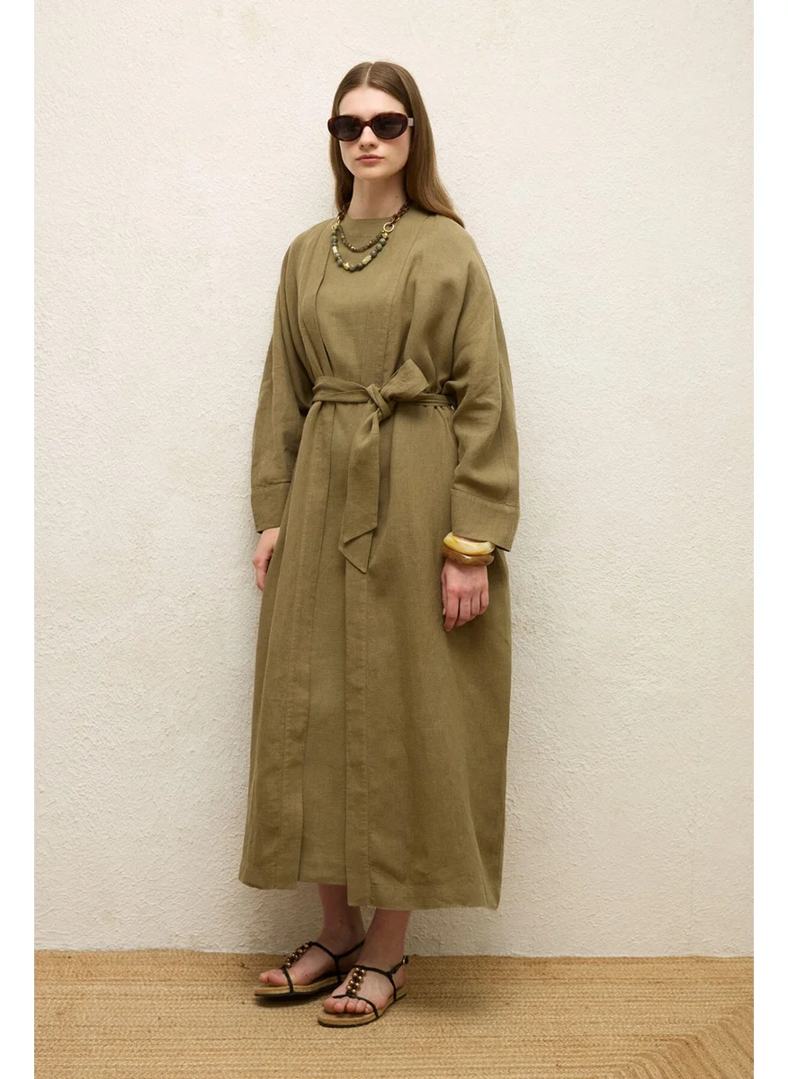 مانوكا Linen Long Kimono Jacket Khaki