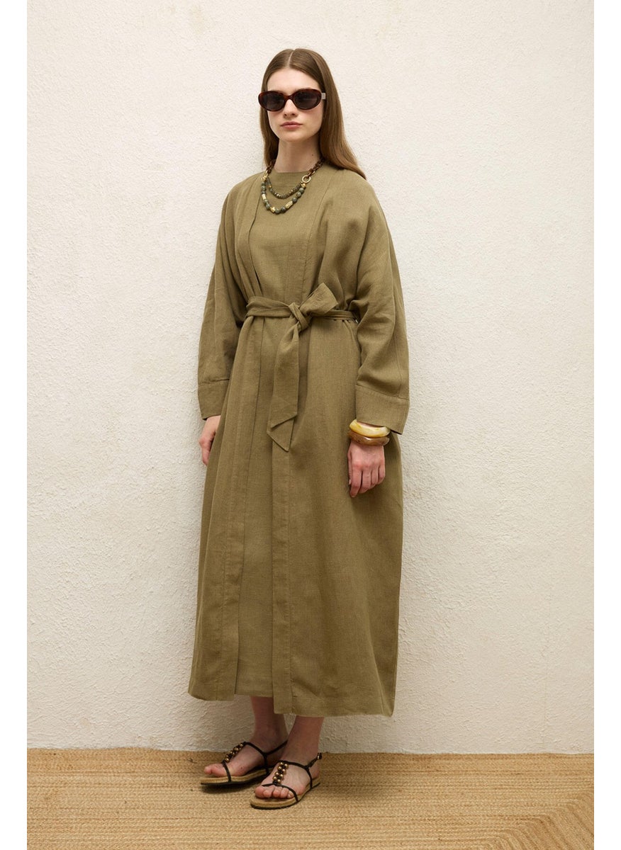 Manuka - Linen Long Kimono Jacket Khaki - Image 1