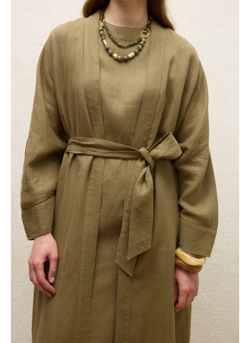 Manuka - Linen Long Kimono Jacket Khaki - Image 1