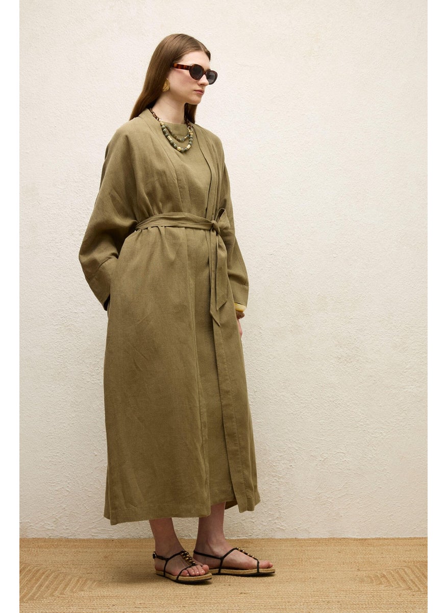 Manuka - Linen Long Kimono Jacket Khaki - Image 1