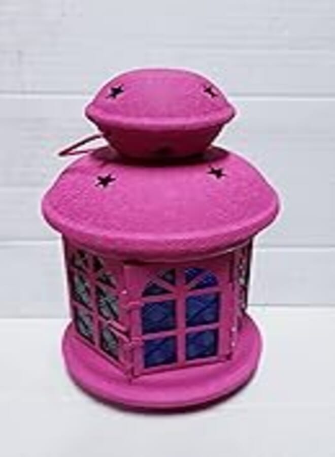 OR Ramadan Lantern Metal 22cm Colored Glass (Leather Colors - Fuchsia)