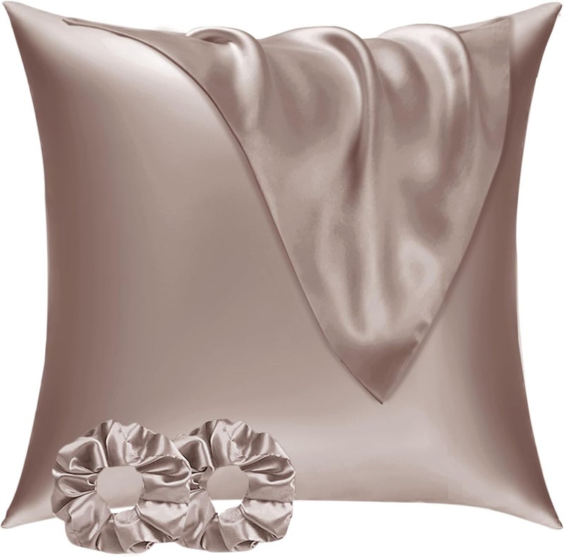 Satin Pillowcase 80 x 80 cm, Set of 2 & 2 Hair Elastics, Satin Pillowcase 80 x 80 cm, Brown, Soft as Silk Pillowcase 80 x 80 cm, Better Care Than Silk Pillose Case, Cushion Cover for Hair and Skin - Image 1