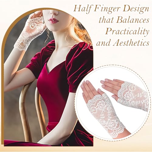 TecoKart® Lace Gloves for Women, 2 Pairs Half-Finger Lace Gloves & Net Gloves for Women, Elegant White Gloves for Parties, Weddings & Evening Events - Image 3