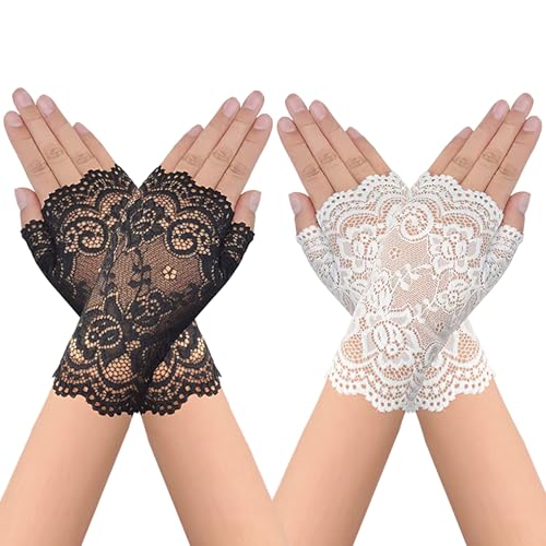 TecoKart® Lace Gloves for Women, 2 Pairs Half-Finger Lace Gloves & Net Gloves for Women, Elegant White Gloves for Parties, Weddings & Evening Events - Image 1