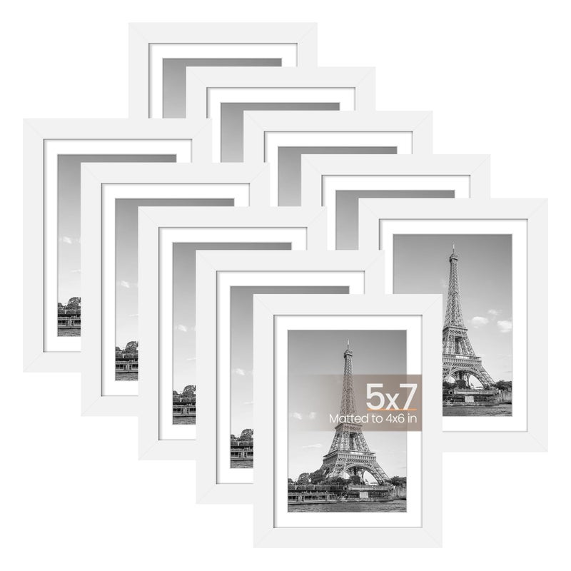 upsimples upsimples 5x7 Picture Frame Set of 10 Display Pictures 4x6 with Mat or 5x7 Without Multi Photo Frames Collage for Wall or Tabletop Display White