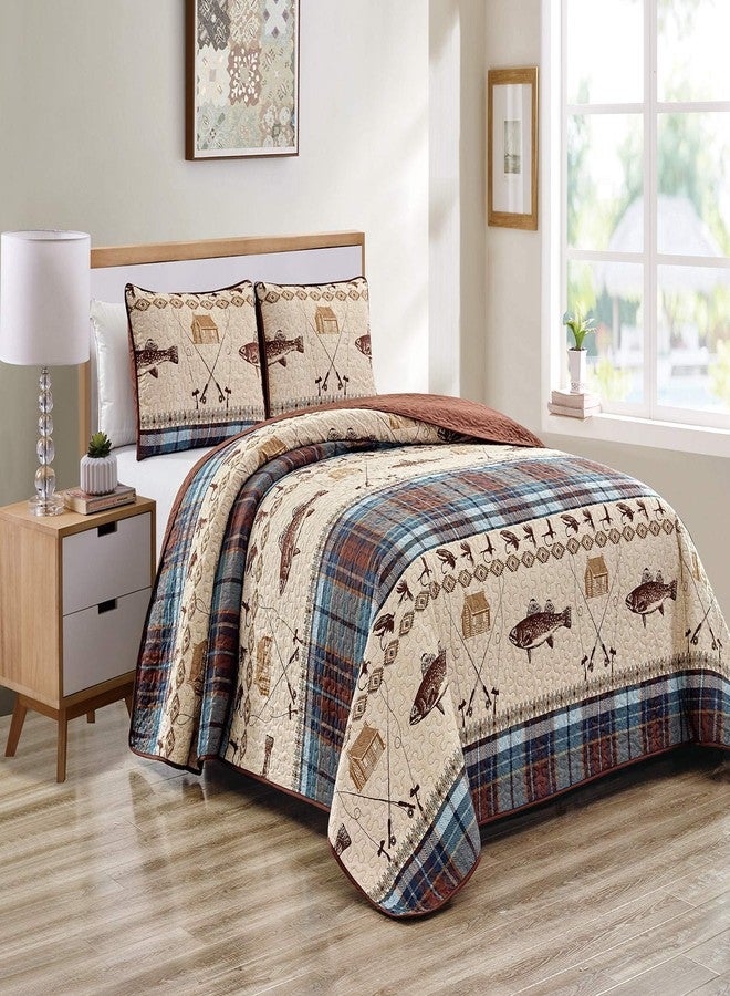 Rugs 4 Less River Fly Fishing Themed Rustic Cabin Lodge Quilt Stitched Bedspread Bedding Set with Fishing Rods Lure with Southwestern Tartan Check Plaid Tweed Patterns Blue Brown - River Lodge (Full/Queen) - Image 2