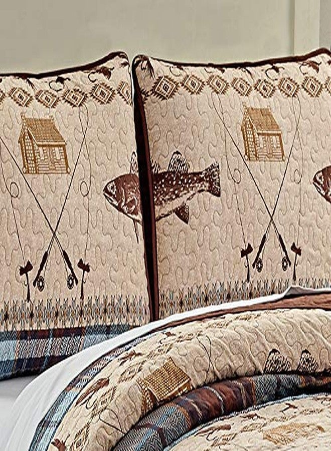 Rugs 4 Less River Fly Fishing Themed Rustic Cabin Lodge Quilt Stitched Bedspread Bedding Set with Fishing Rods Lure with Southwestern Tartan Check Plaid Tweed Patterns Blue Brown - River Lodge (Full/Queen) - Image 3