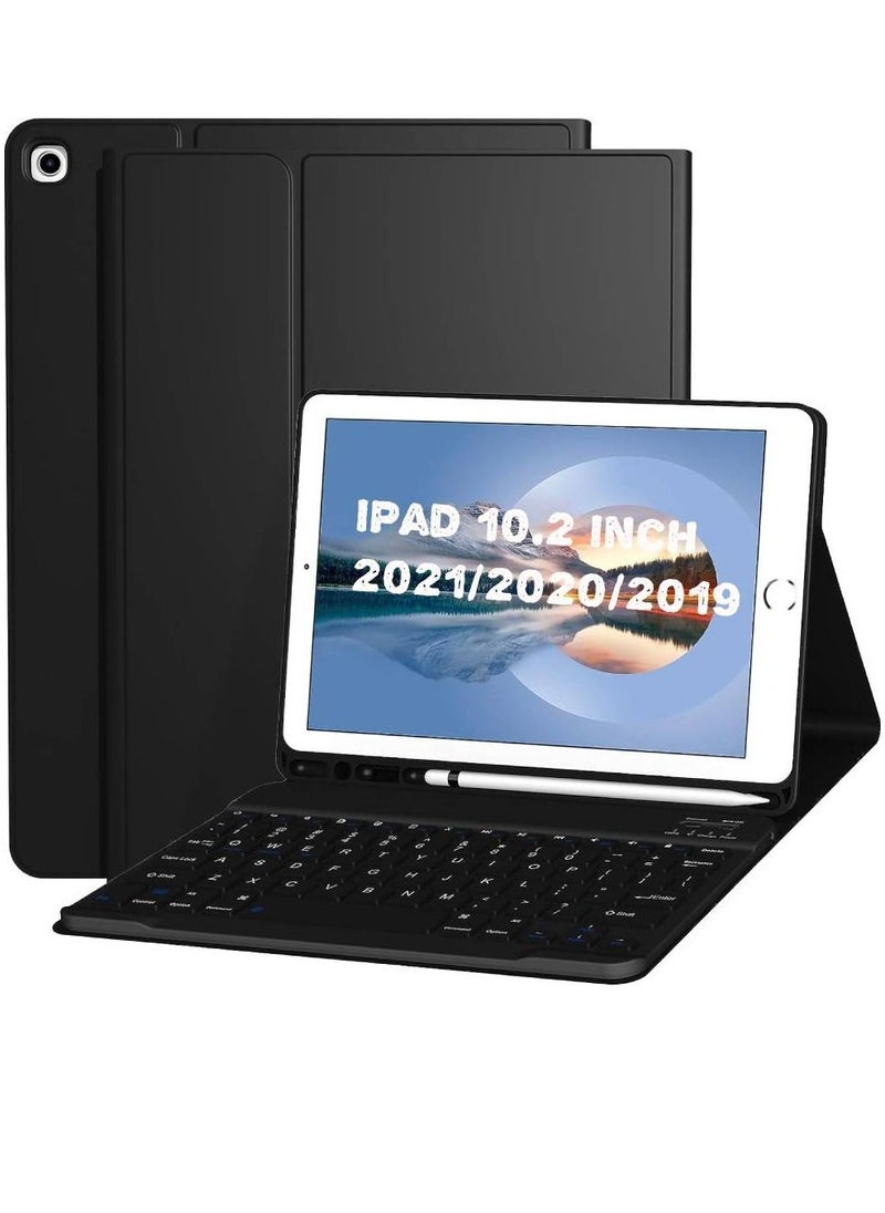 جينيكست حافظة لوحة مفاتيح لجهاز iPad 10.2 بوصة الجيل التاسع/الثامن/السابع مع حامل قلم رصاص ولوحة مفاتيح بلوتوث لاسلكية قابلة للفصل، غطاء حامل قابل للطي لجهاز iPad 10.2 بوصة (2021/2020/2019) أسود  - Image 1